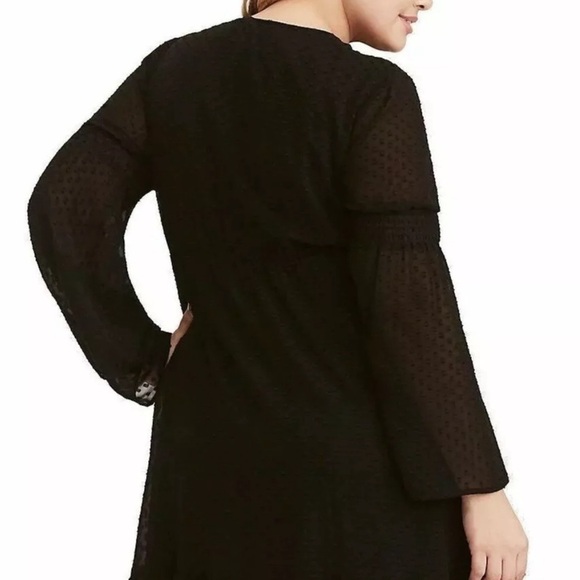 Torrid Black Dress Textured Stitch Chiffon Skater Dress Bell Sleeve Stretch Tie - Picture 2 of 7